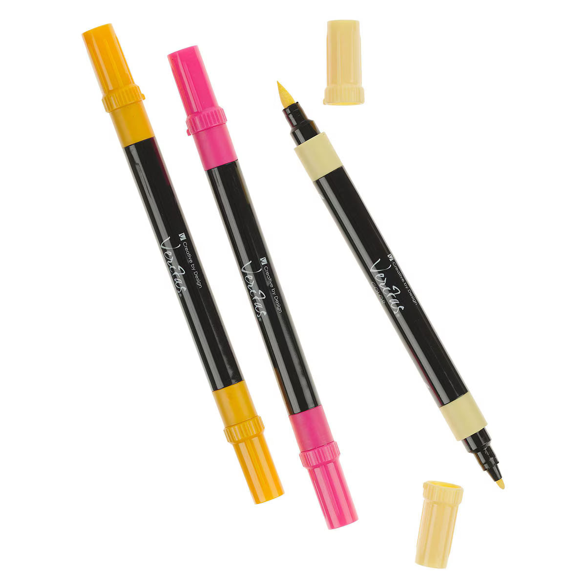 Three Veritas Color acrylic paint markers with yellow and pink caps, including one uncapped marker showing both brush and fine tips.