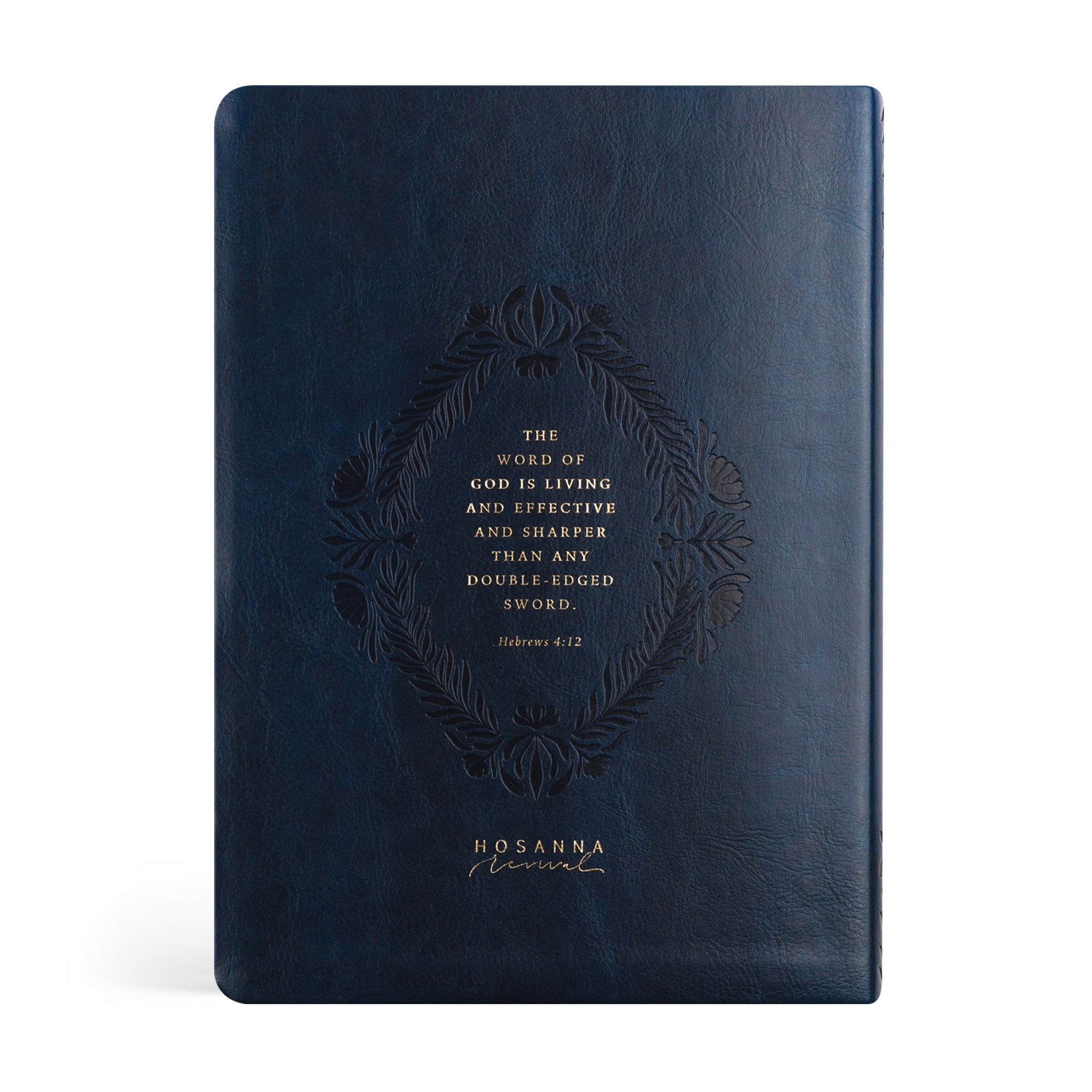 Back cover of Versailles CSB Women’s Study Bible featuring navy leather-like cover with gold Scripture from Hebrews 4:12