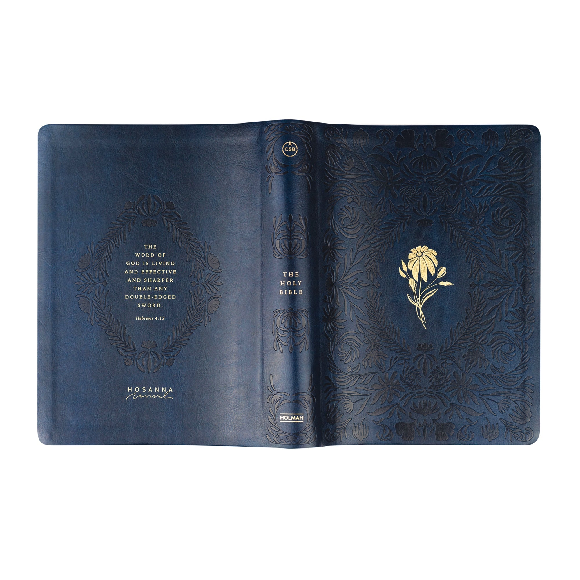 Versailles CSB Women’s Study Bible navy blue floral embossed full wrap cover showing front, spine, and back with gold Scripture detail