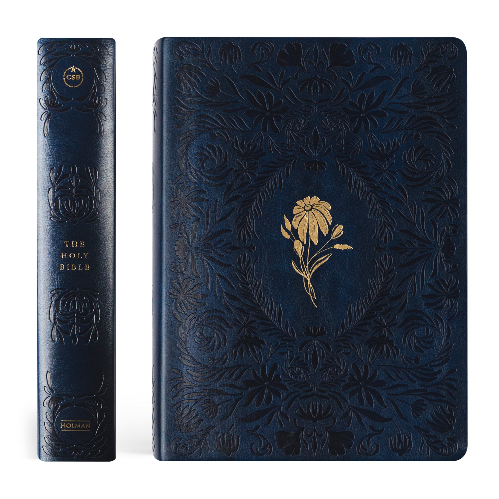 Versailles CSB Women’s Study Bible navy blue floral embossed cover with gold flower design and matching spine detail