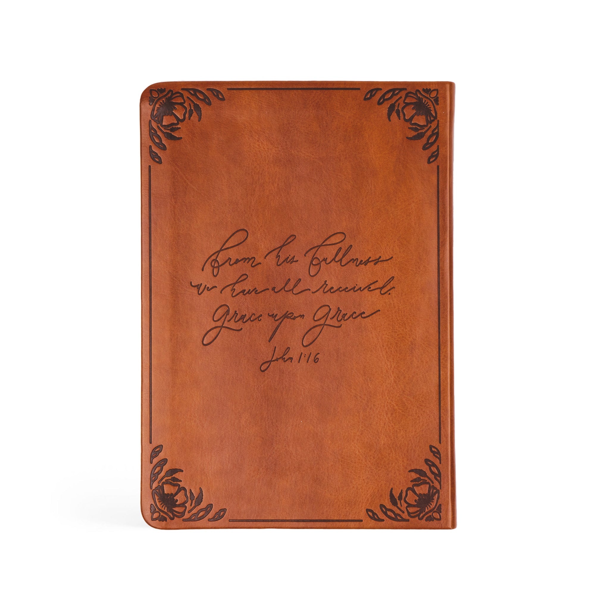 Vienna Christian notebook journal back cover with John 1:16 Scripture engraved on warm brown leather-like cover for prayer journaling and faith reflection