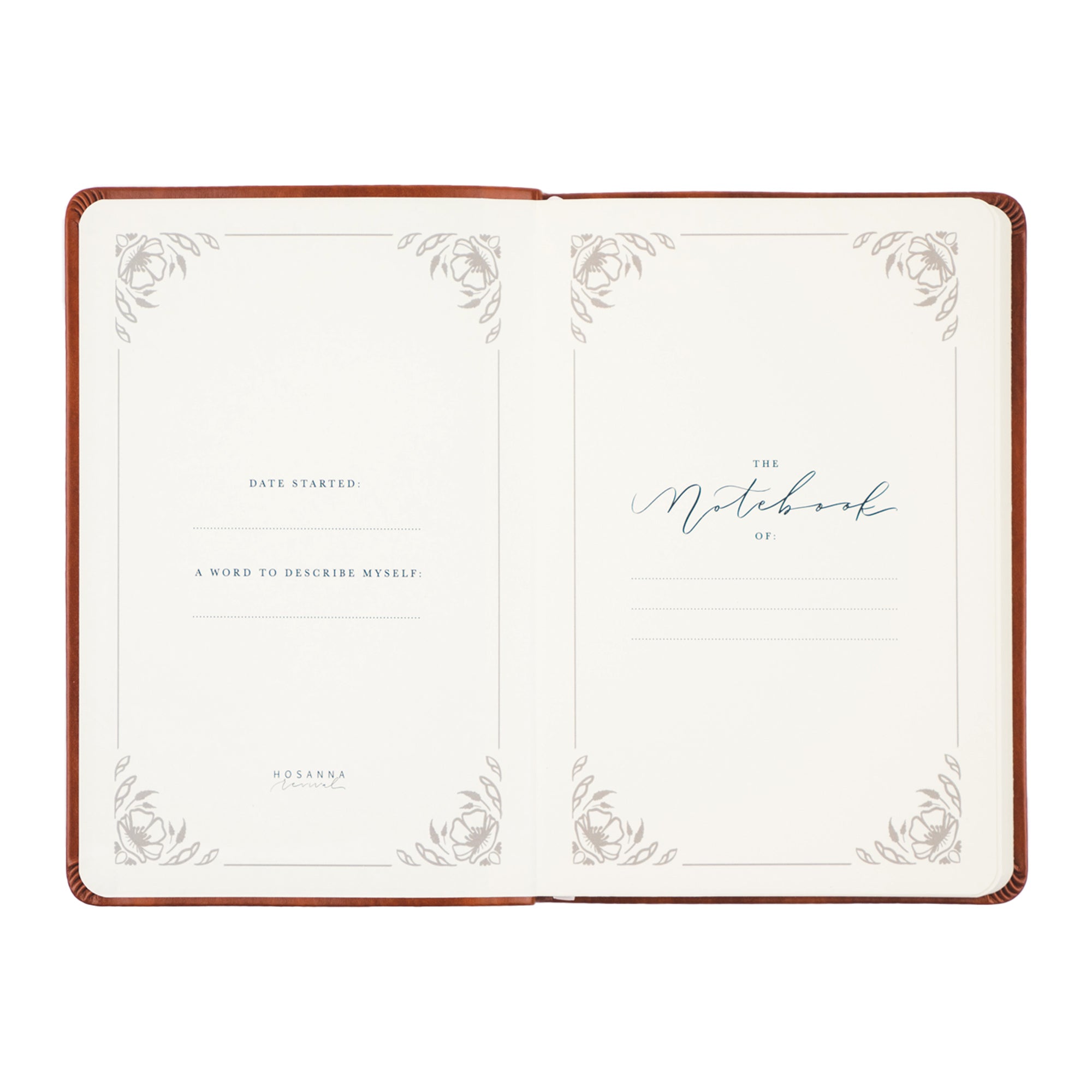 Vienna Christian notebook journal interior opening pages with floral design and space for name and reflection for prayer journaling and Bible study notes