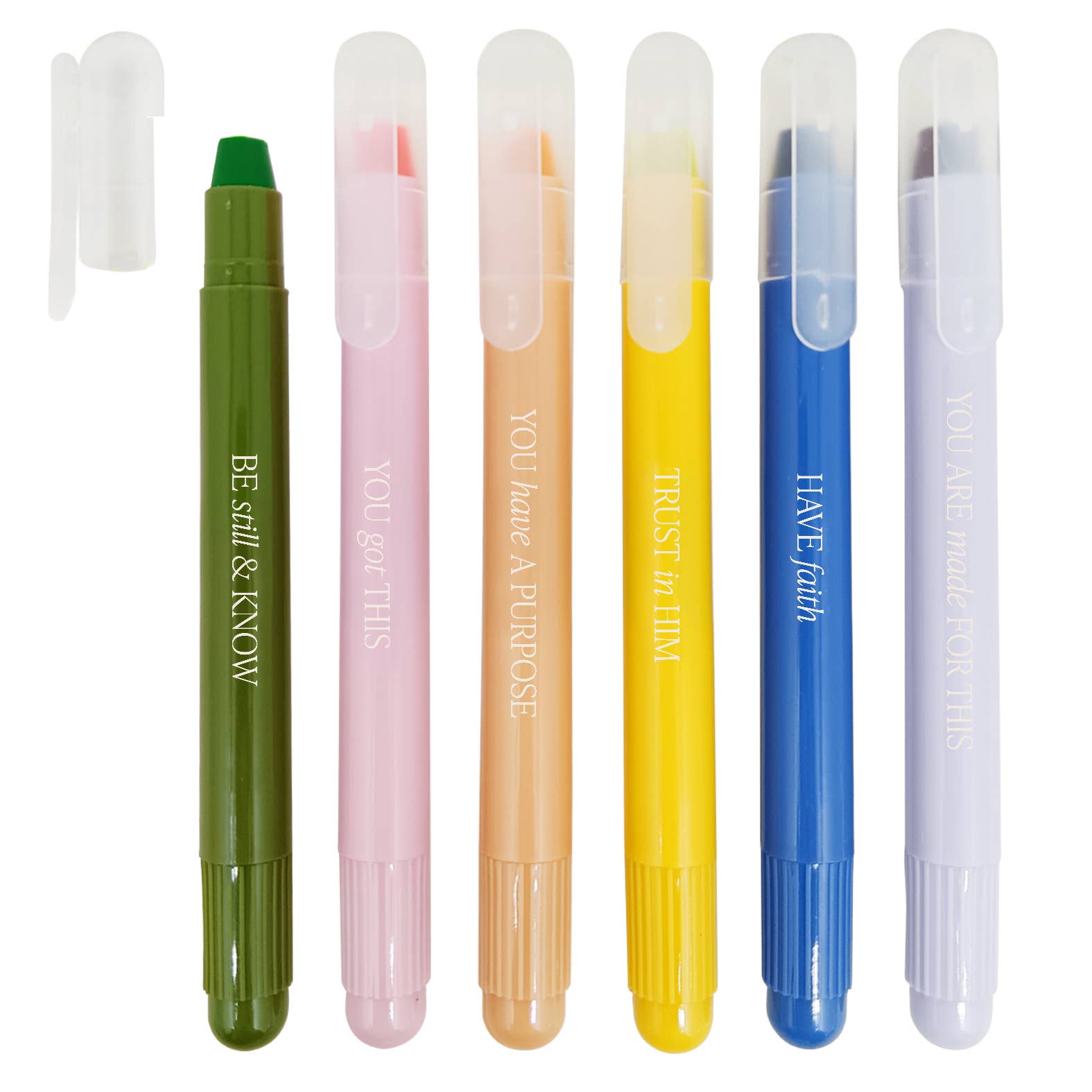 Set of six colorful highlighters with inspirational biblical phrases on a white background