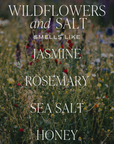 Wildflowers and salt reed diffuser scent notes graphic featuring jasmine, rosemary, sea salt, and honey over a wildflower field