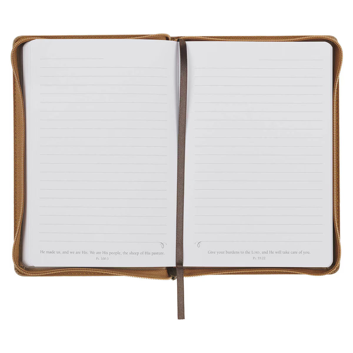 Close-up of With God All Things Are Possible tan faux leather journal featuring gold foil lettering, floral artwork, and ribbon bookmark