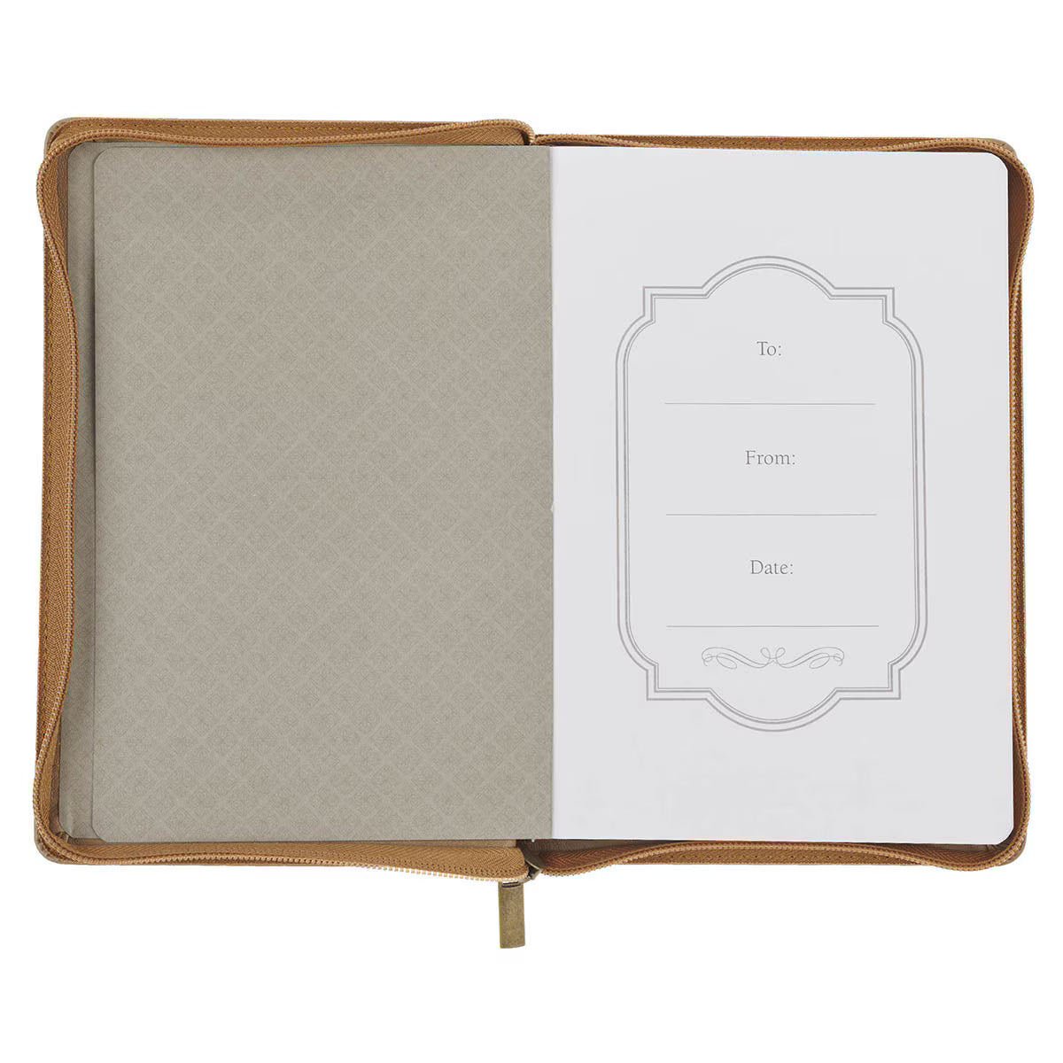 Tan faux leather Christian journal with “With God All Things Are Possible” Scripture quote in gold foil